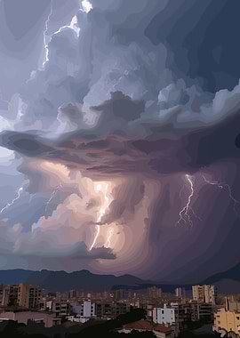 Cityscape under a stormy sky