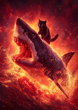 Cat riding a shark in lava sea