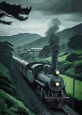 Vintage Train Journey Through Green Landscape