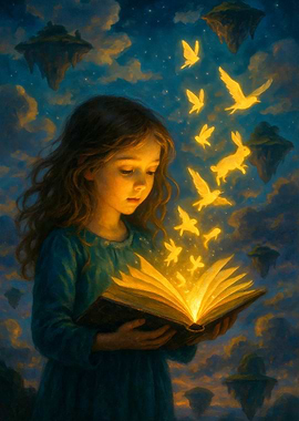 Girl Reading Magic Book in Dreamscape