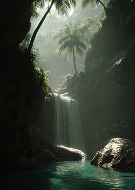 Tropical Waterfall in Lush Jungle