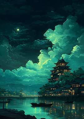 Nighttime Japanese Castle Landscape