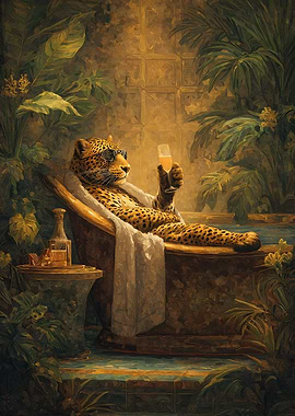Leopard in Bathtub with Champagne