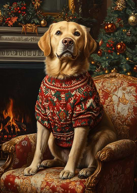 Dog in Christmas Sweater by Fireplace | Labrador in Festive Chair