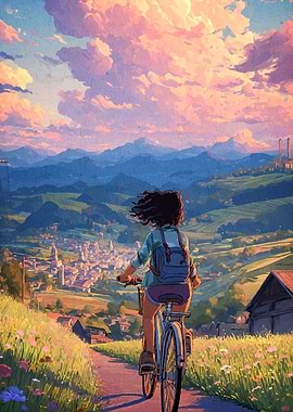 Girl Cycling Through Scenic Landscape