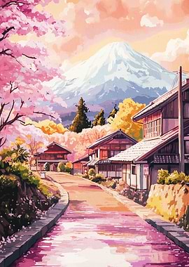 Japanese Village with Mount Fuji