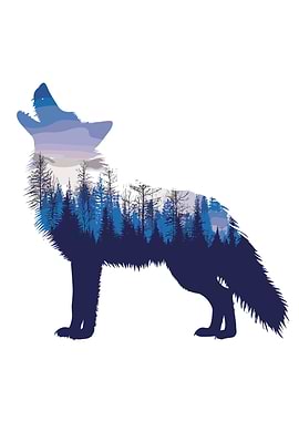 Wolf Silhouette with Forest Landscape