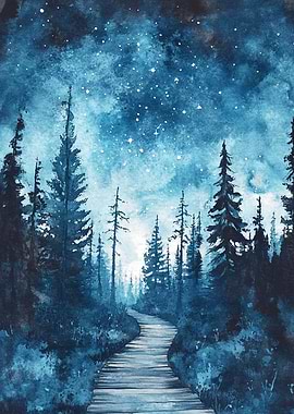 Watercolor Night Forest Path