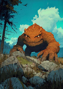 Fantasy Monster in a Grassy Landscape