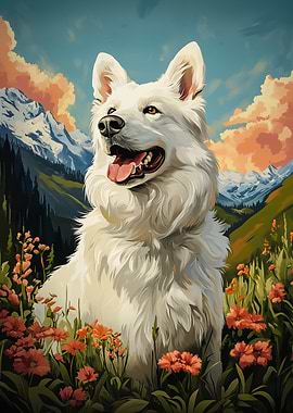White Swiss Shepherd Dog in Mountain Meadow