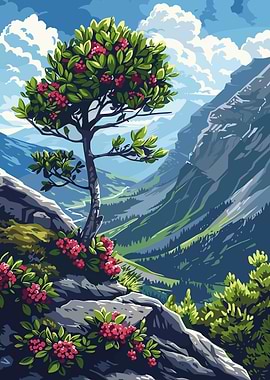 Mountain Landscape with Tree and Flowers