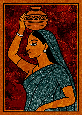 Indian Woman Carrying Water Pot Art