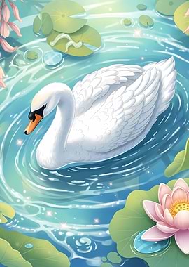 Swan in a Lily Pond