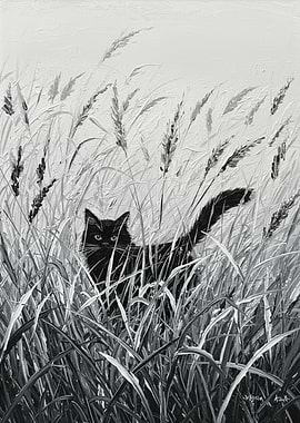 Black Cat in Grassy Field Painting