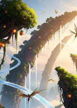 Fantasy Landscape with Waterfalls and Creatures