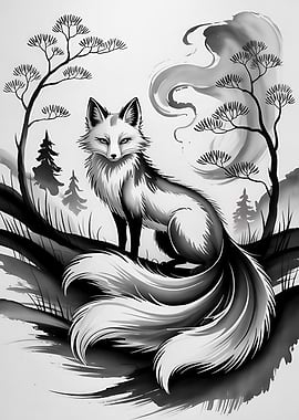 Nine-tailed Fox Ink Painting