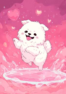Happy Fluffy Dog in a Pink Heart World