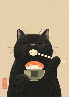 Black Cat Eating Sushi Art