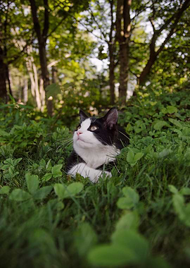 Black and white cat in grass