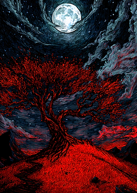 Red Tree Under Full Moon