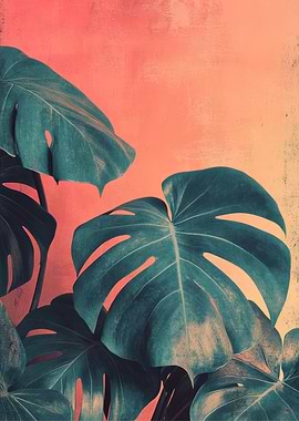 Monstera Leaves on Coral Background | Vintage Tropical Aesthetic