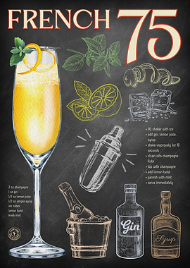 French 75 Cocktail Chalkboard Poster