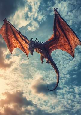 Dragon soaring through cloudy sky