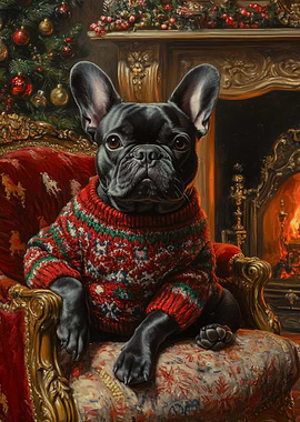 Christmas Bulldog in Sweater by Fireplace |French Bulldog in Sweater