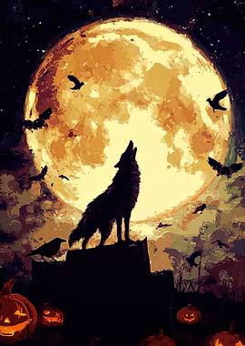 Halloween Night Wolf Howling at Moon
