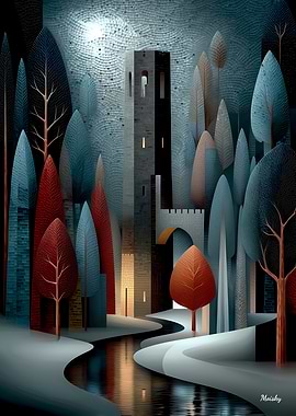 Moonlit Fortress by the Serene Stream