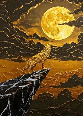 Golden Wolf Howling at the Moon