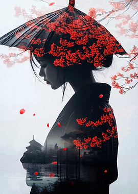 Japanese Woman with Umbrella and Cherry Blossoms