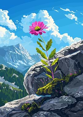 Pink Flower on Rocky Mountain Landscape