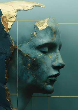 Fractured Beauty: Teal and Gold Portrait