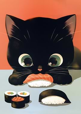 Black Cat with Sushi Feast