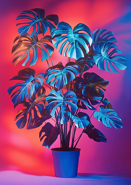 Monstera Plant in Blue Pot | Neon Glow Monstera Poster