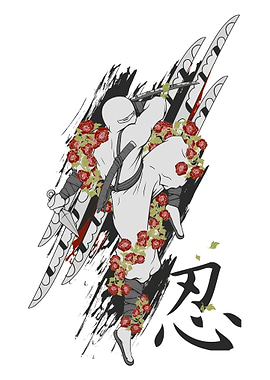 Ninja with Roses and Japanese Symbol