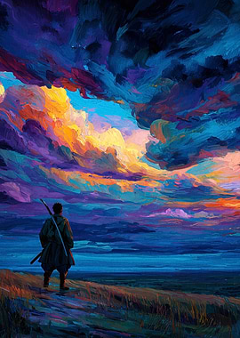 Warrior Gazing at Colorful Sky Painting