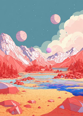 Pastel Alien Landscape with Mountains