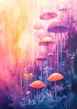 Watercolor Mushroom Forest