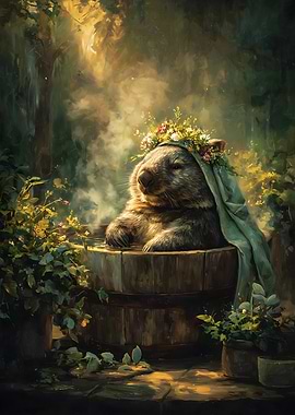 Relaxed Wombat in a Tub with Flowers