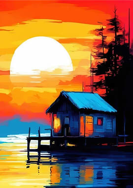 Sunset Cabin on the Water - Vibrant Nature Painting