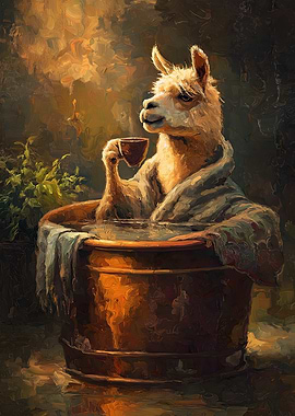 Llama in Tub Drinking Coffee