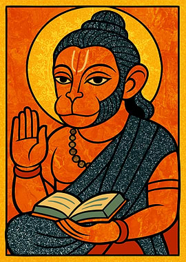 Hanuman Illustration with Book and Halo