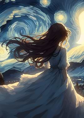 Girl in White Dress Under Starry Sky