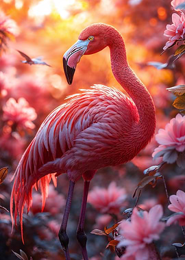 Flamingo in a Floral Paradise