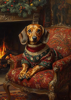 Dachshund in Christmas Sweater by Fireplace | Cozy Holiday Dog Wall Art