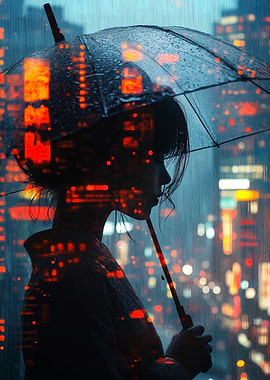 Rainy Cityscape with Umbrella Silhouette