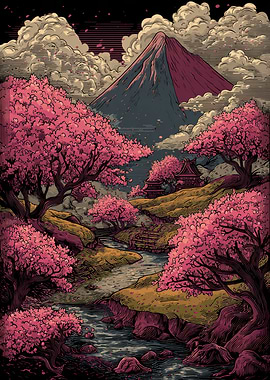 Mount Fuji and Cherry Blossoms Landscape
