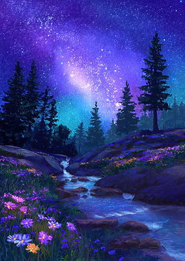 Night Sky River Landscape Painting